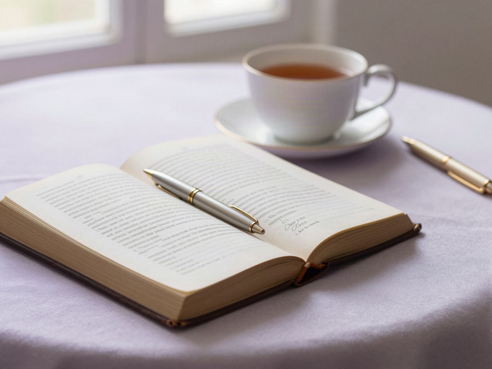 Illustrative image: an open book and pen on a table beside a cup of tea