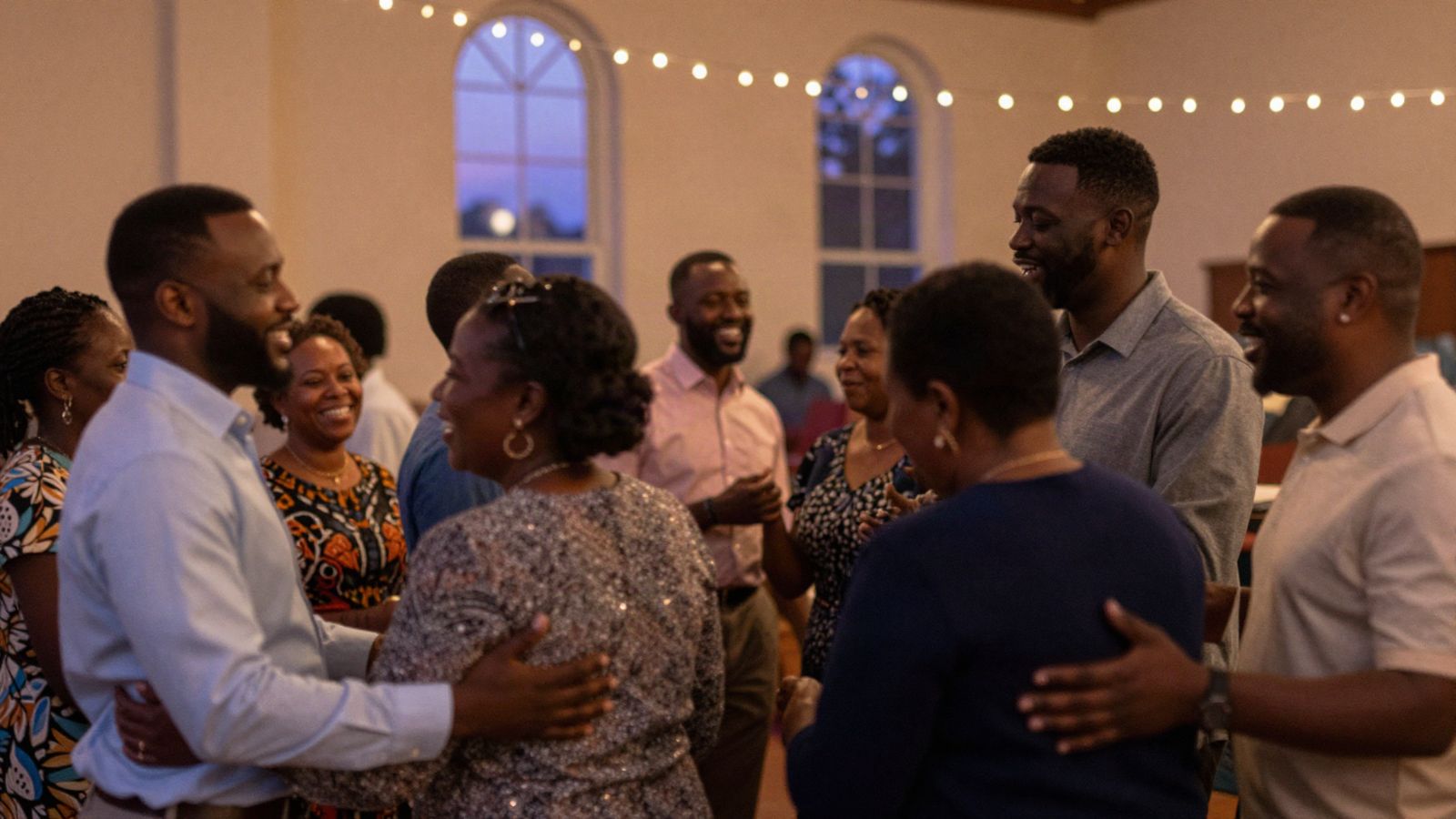 Illustrative image: people greeting each other at a church gathering
