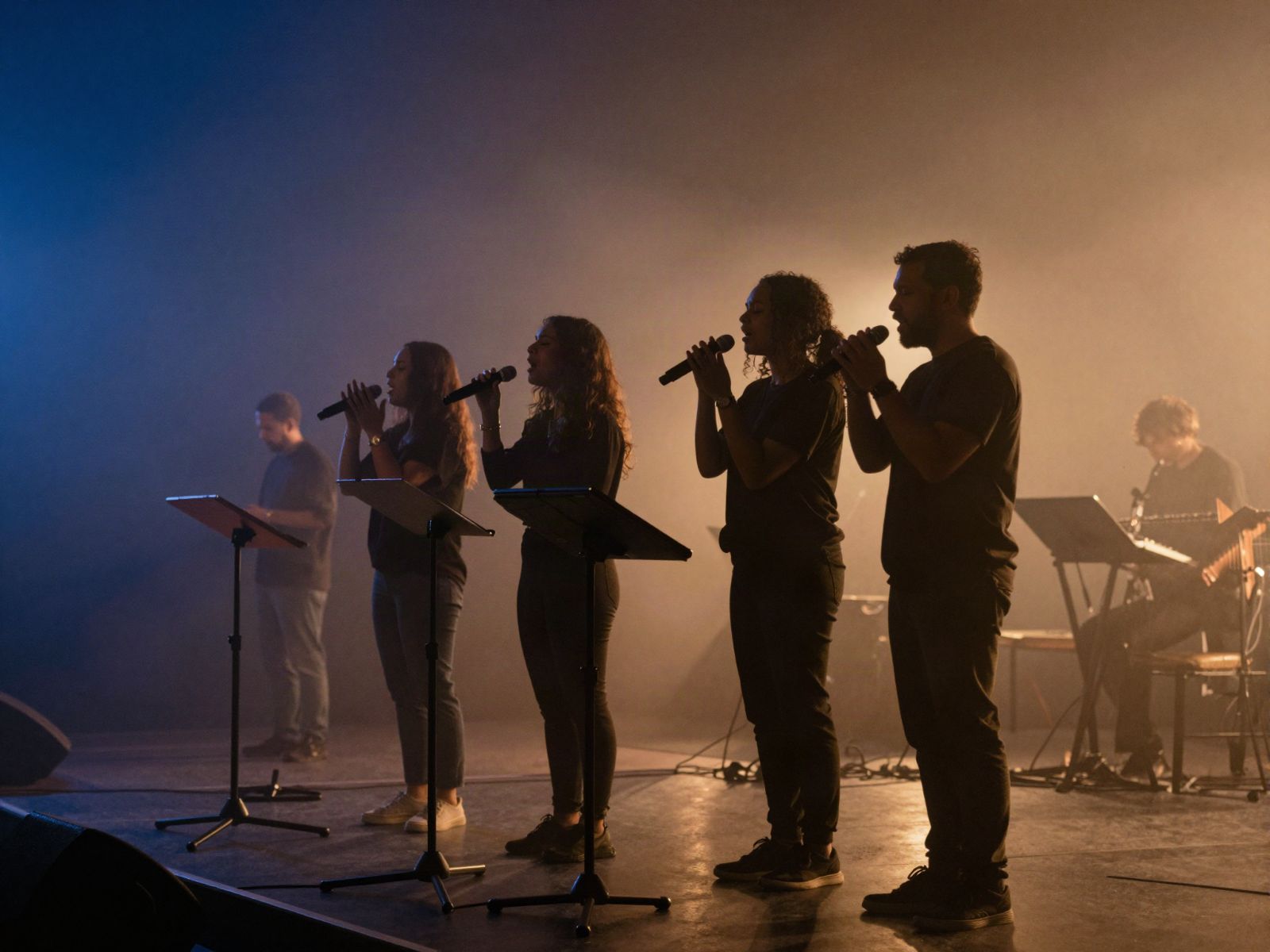 Illustrative image: a worship team singing on stage